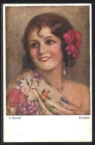 Künstler-AK sign. T. Marwid: Krystyna, Portrait einer Frau mit einer Blume in den Haaren