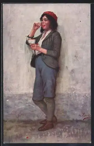 Künstler-AK sign. J. Zenisek: Kind isst Kirschen