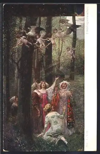 Künstler-AK sign. E. Veith: Engel fliegen über Damen im Wald