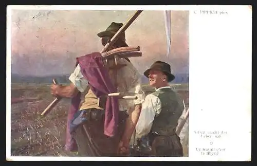 Künstler-AK Bauern gehen mit Sensen zur Feldarbeit