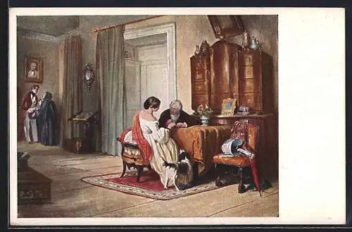 Künstler-AK sign. J. Danhauser: Brautwerbung in der guten Stube