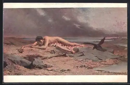 Künstler-AK Kain liegt auf einem Leopardenfell, Rabe