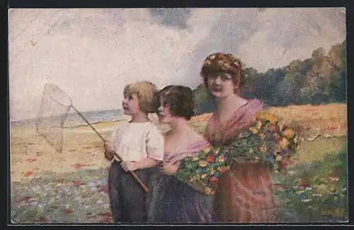 Künstler-AK sign. E. Schneider: Kinder auf einer Blumenwiese