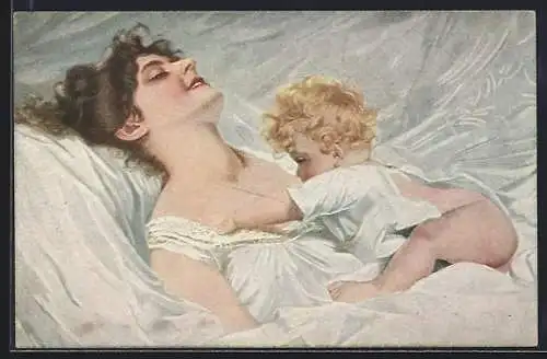 Künstler-AK A. Schwarz: Mutter liegt glücklich im Bett, blondes Baby auf der Brust