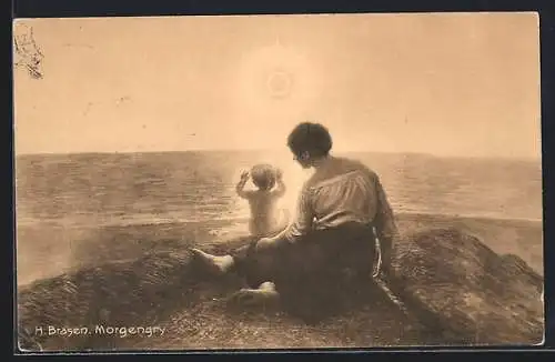 Künstler-AK sign. H. Brasen: Mutter mit Kind am Meer
