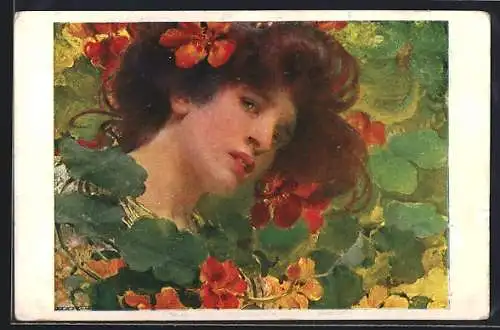 Künstler-AK sign. J. Dvorak: Hübsche Frau mit Blumen
