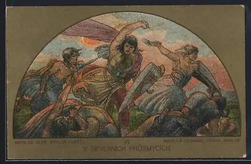 Künstler-AK sign. Mikolas Ales: Cyklus Vlast, V Severnich Prusmycich, Heimat-Zyklus, Krieger in der Schlacht