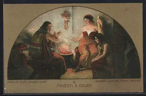 Künstler-AK sign. Mikolás Ales: Cyklus Vlast, Povesti a Osudy, Frauen und Mann am Ofen