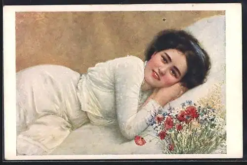 Künstler-AK sign. J. Zenisek: Hübsche Frau mit Blumen