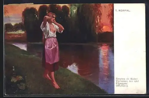 Künstler-AK sign. T. Korpal: Verlassene Frau am Fluss