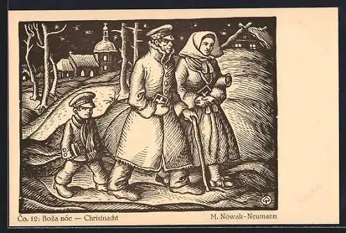 Künstler-AK sign. M. Nowak-Neumann: Familie in der Christnacht