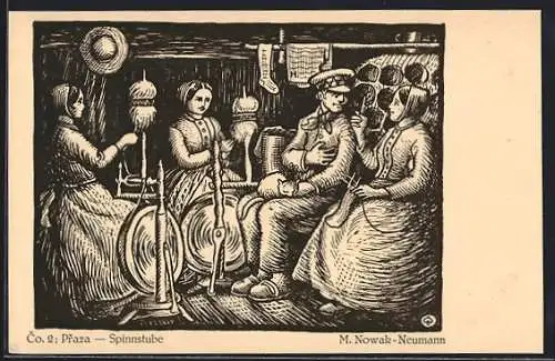 Künstler-AK sign. M. Nowak-Neumann: Frauen in der Spinnstube