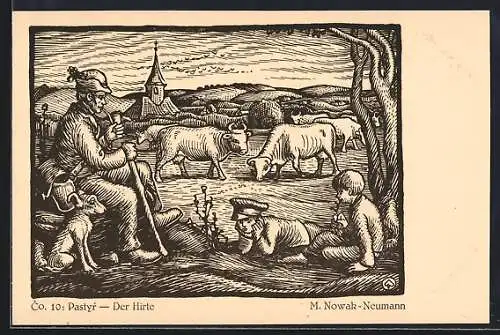 Künstler-AK sign. M. Nowak-Neumann: Hirte mit Kühen