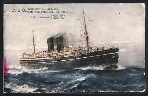 Künstler-AK Passagierschiff SS Mooltan in rauen Gewässern, P. & O. India-China-Australia Mail and Passenger Services