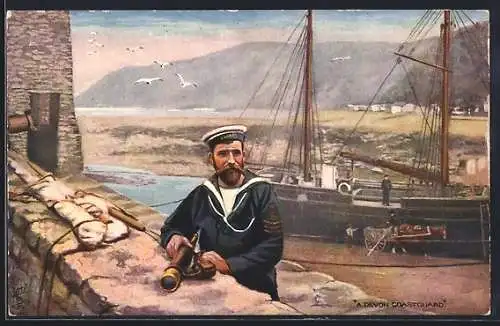 AK Matrose am Ufer vor Kriegsschiff, A Devon Coastguard