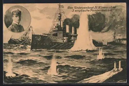 AK Das Unterseeboot U9 vernichtete 3 englische Panzerkreuzer - Kapitänleutnant Weddigen - U-Boot