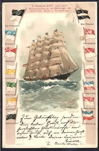 AK Fünf-Master Potosi auf See, sämtliche Reichs- und Bundesflaggen, A. Wasmuth & Co., Hamburg