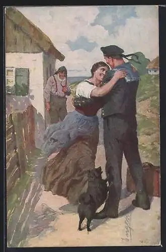 Künstler-AK Matrose kehrt zu seiner grossen Liebe nach dem Krieg zurück