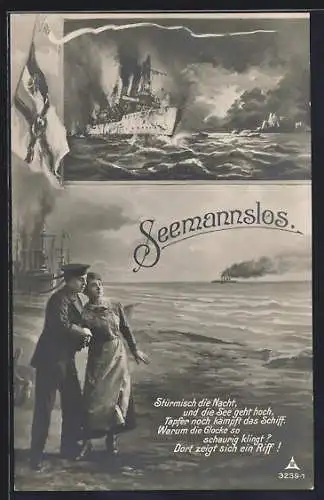 AK Matrose mit seiner Freundin, Kriegsschiff aus See, Reichskriegsfahne, Spruch Seemannslos