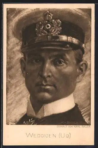 Künstler-AK Portrait U-Boot-Kommandant Weddigen in Uniform mit Schirmmütze