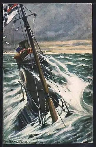 Künstler-AK E. v. Baumgarten: Deutsches U-Boot auf Patrouille, 1. Weltkrieg