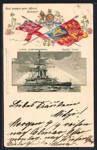 Lithographie Kriegsschiff HMS Camperdown im Sonnenschein, Zitat von Shakespeare