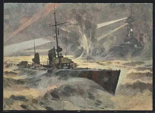 AK Torpedoboot-Nachtangriff auf ein engflisches Schlachtschiff, nach Gemälde von Ahlers