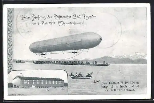 AK Erster Aufstieg des Luftschiffes Graf Zeppelin am 02. Juli 1900, Stempel Zeppelinpost