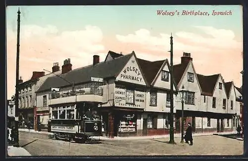 AK Ipswich, Wolsey`s Birthplace, Wolsey Pharmacy, Strassenbahn
