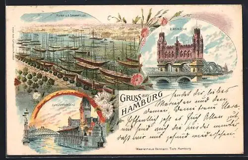 Lithographie Hamburg, Hafenansicht, Elbbrücke & Jungfernbrücke