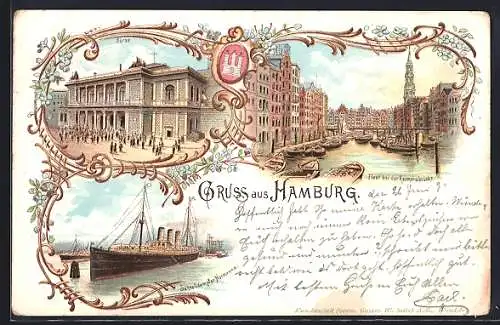 Lithographie Hamburg, Börse, Fleet bei der Reimersbrücke, Schnelldampfer Normannia