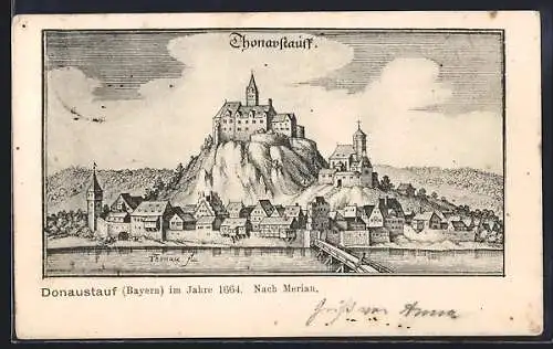 Lithographie Donaustauf / Bayern, Burgansicht im Jahr 1664 nach Merian