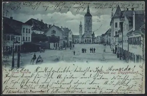 Mondschein-AK Deggendorf, Oberer Stadtplatz mit Stadtturm