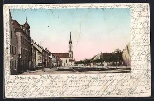 AK Plattling, Unterer Stadtplatz mit Kirche