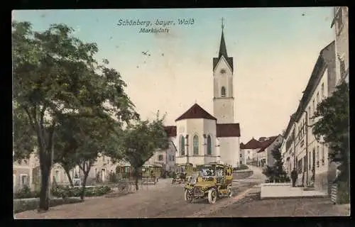 AK Schönberg / Bayer. Wald, Marktplatz mit Kirche und Bus der Reichspost