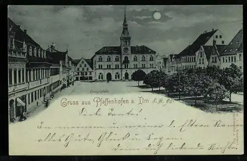 Mondschein-AK Pfaffenhofen a. d. Ilm, Hauptplatz mit Rathaus