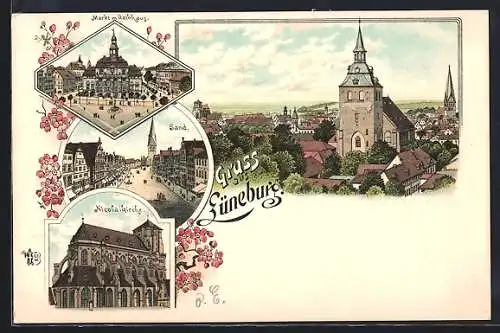 Lithographie Lüneburg, Marktplatz mit Rathaus, Sand und Nicolaikirche, Stadtansicht