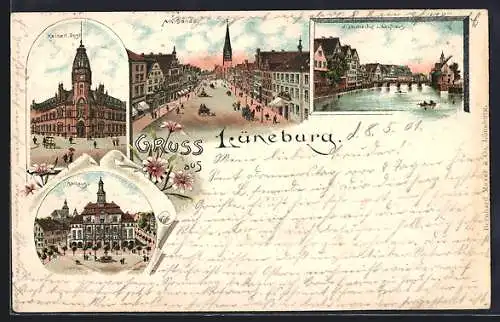 Lithographie Lüneburg, Kaiserliches Postamt, Rathaus, Viskulenhof, Kaufhaus und Am Sande
