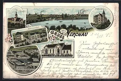 Lithographie Nerchau, Farbenfabrik, Beamtenschule, Schützenhaus, Villa Hessel, Kirche und Stadtansicht