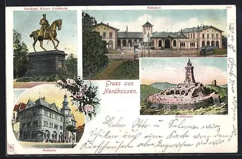 Lithographie Nordhausen, Bahnhof, Rathaus, Kaiser Friedrich-Denkmal und Kyffhäuser-Denkmal