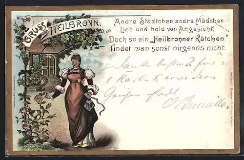 Lithographie Heilbronn, Heilbronner Käthchen vor Haus und Rosenstrauch