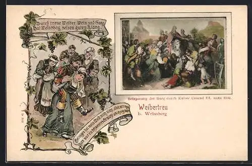 Lithographie Weibertreu b. Weinsberg, Belagerung der Burg durch Kaiser Konrad III. anno 1140, treue Weinsberger Weiber