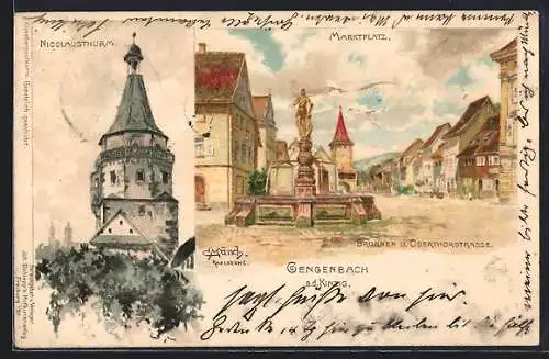 Künstler-AK Gengenbach / Kinzig, Oberthorstrasse, Niclausturm und Marktplatz mit Brunnen