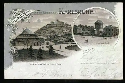 Mondschein-Lithographie Karlsruhe, Schwarzwaldhaus, Lauterberg und Vierordt-Bad