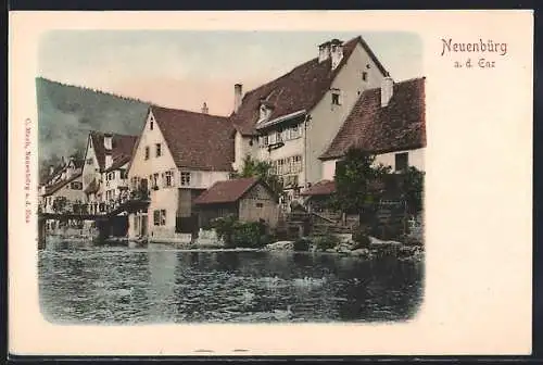 AK Neuenbürg a. d. Enz, historische Gebäude am Fluss