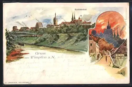 Künstler-AK Wimpfen a. N., Stadtansicht mit Mathildenbad