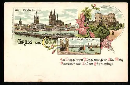 Lithographie Köln, Dom von Deutz gesehen, Hahnentor und Eisenbahnbrücke
