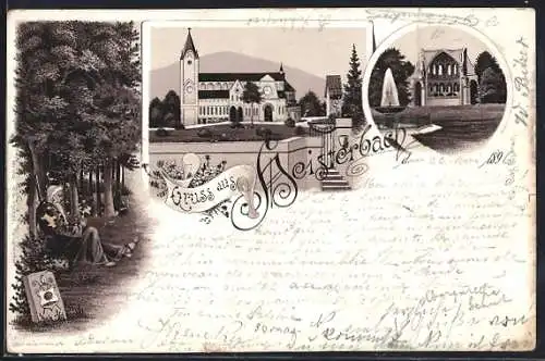 Lithographie Heisterbach, Klosterkirche, Klosterruine, Mönch macht Rast