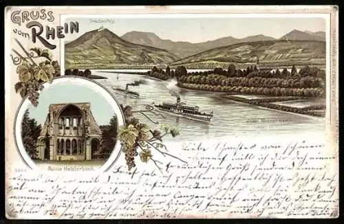 Lithographie Remagen, Blick auf Drachenfels und Kloster-Ruine Heisterbach am Rhein, Dampfer vor Insel Nonnenwerth