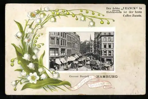 Passepartout-AK Hamburg, Grosser Burstah mit Strassenbahn und Ladengeschäften, Ächt Franck Kaffee Reklame